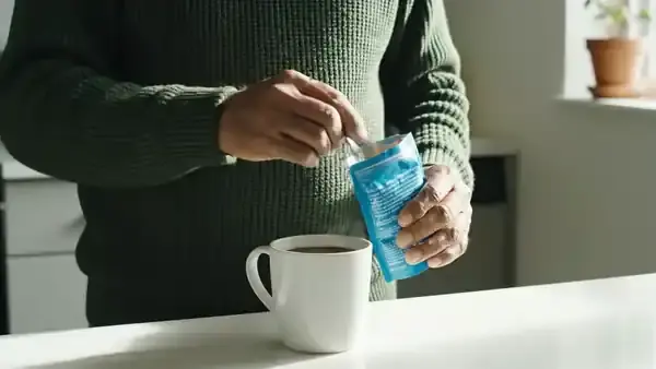 A man in his sixties tapping a level measuring spoon of powder into a mug of coffee at his kitchen counter