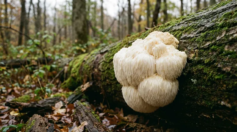 A white lion's mane mushroom with hanging spines growing on a fallen log in a forest