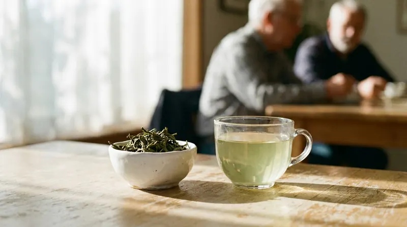 A bowl of loose green tea leaves beside a glass cup of green tea on a wooden table