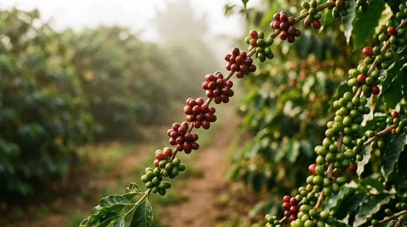 A branch of a coffee plant with red and green coffee cherries in morning mist