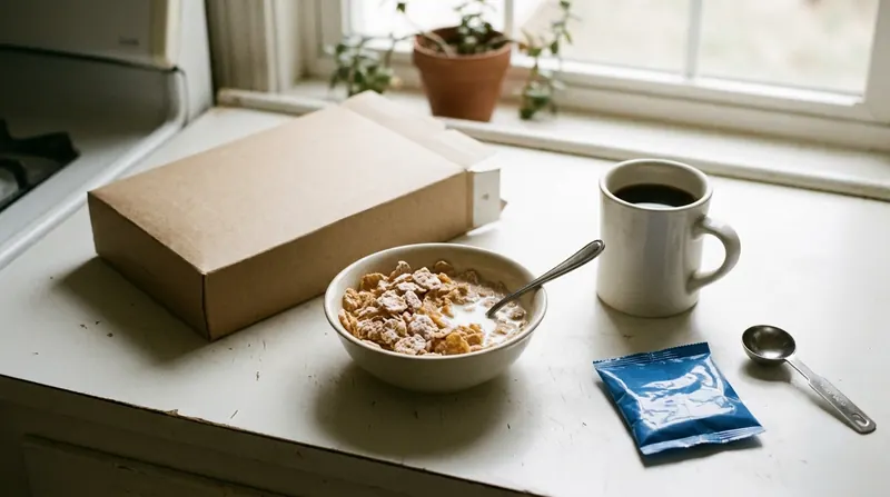 A bowl of frosted cereal beside its box, a mug of coffee, a blue pouch and a measuring spoon on a kitchen counter