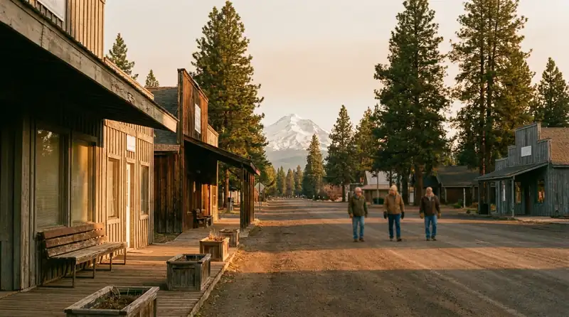 A quiet small-town street in central Oregon at dawn with pines and a mountain behind