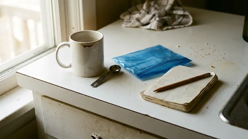 A kitchen counter with an empty coffee mug, a measuring spoon, a closed blue pouch and a closed notebook with a pencil