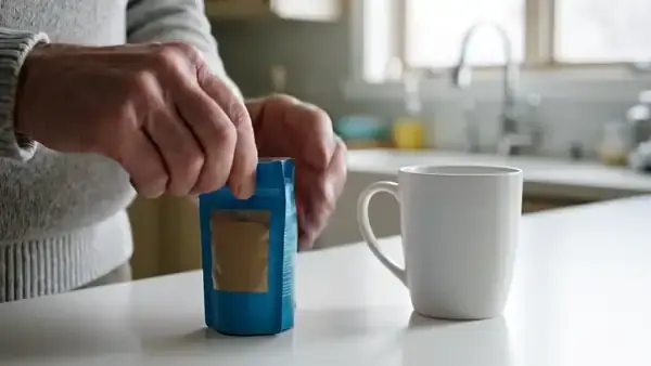 A man's hands leveling a measuring spoon of powder from a blue pouch beside a white mug