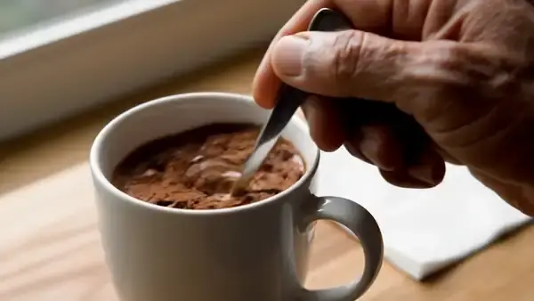A mug of coffee settling after powder has been stirred in, with a teaspoon set down on a napkin