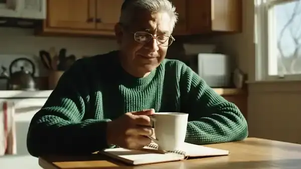 A man in his sixties at a kitchen table with a mug of coffee, writing a line in a small notebook