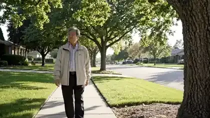 A man in his sixties walking slowly along a tree-lined sidewalk in mid-morning light